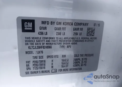 2015 Chevrolet Trax Lt из США, поврежденный, VIN KL7CJLSB4FB248966